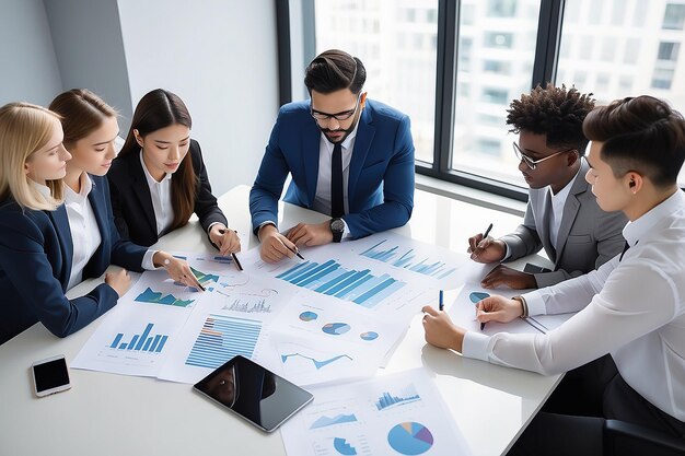 Photo diverse multi ethnic business teamwork overworking in office meeting room analyzing financial graphs