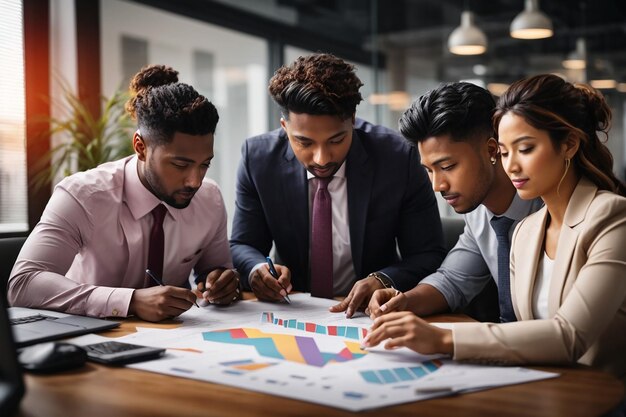 Diverse multi ethnic business teamwork overworking in office meeting room analyzing financial graphs