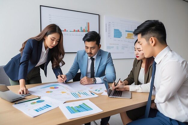 Photo diverse multi ethnic business teamwork overworking in office meeting room analyzing financial graphs