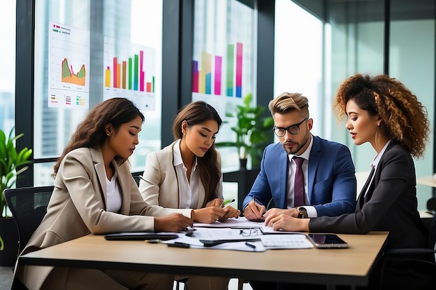 Photo diverse multi ethnic business teamwork overworking in office meeting room analyzing financial graphs