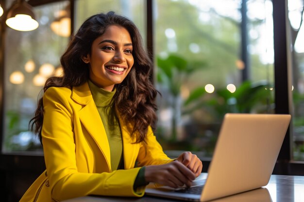 Diverse office portrait of beautiful indian it programmer working on desktop computer smiling fem