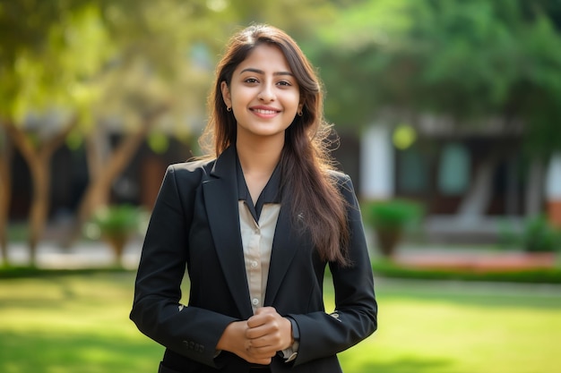 Diverse Office Portrait of Beautiful Indian IT Programmer Working on Desktop Computer Smiling Fem