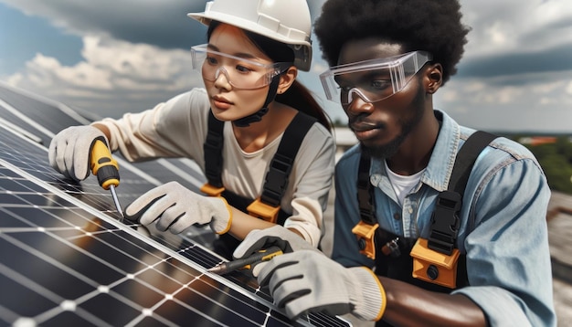 Diverse pair of solar engineers one Asian woman and one African man on a roof adjusting solar panels