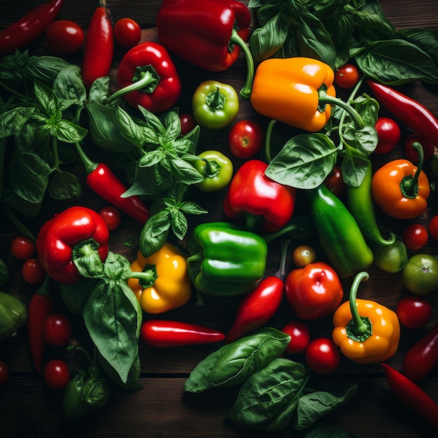 diverse paprika's en tomaten op een houten tafel