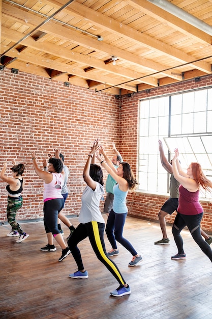 Diverse people in an active dance class