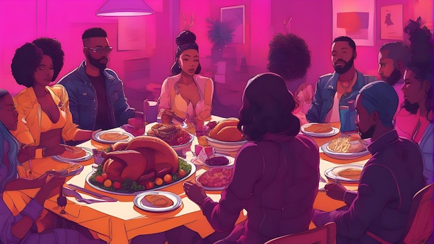 Diverse people enjoying dinner party at home concept illustration