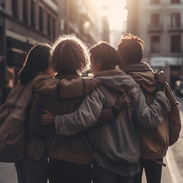 Diverse people hugging each other shoot from the back