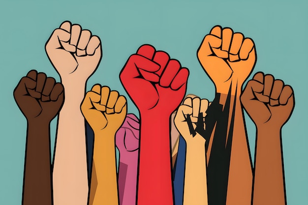 Diverse people raise fists in protest against social injustice