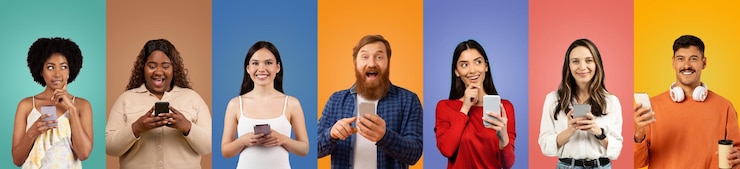 Photo diverse people using mobile devices against vibrant backgrounds