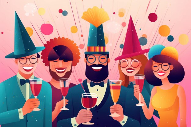 A diverse people wearing colorful party hats celebrate new year party illustration