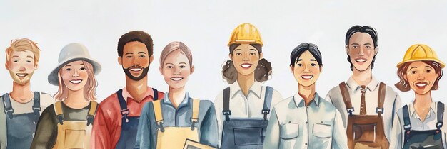 Diverse professional workers smiling and standing together in a watercolor style on a white background Labor day concept