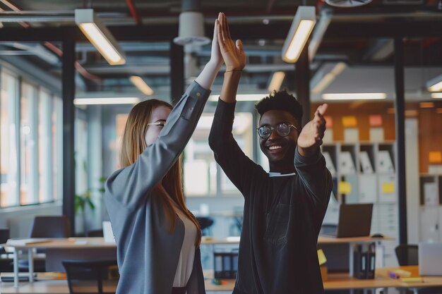 Photo diverse professionals celebrate success and teamwork in office