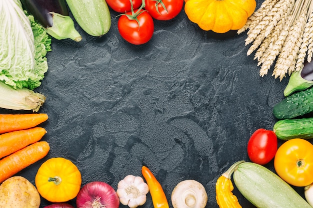 Diverse rauwe biologische verse groenten op zwarte stenen achtergrond. Herfst seizoensgebonden frame van boer tafel met rogge, komkommers, tomaten, aubergines, meloen, pompoenen, knoflook