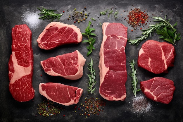 Diverse rauwe steaks van verschillende soorten vlees liggen plat