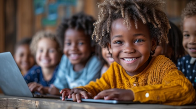 Diverse schoolkinderen leren online binnen op een laptop met behulp van een leraar Afro-Amerikaanse schooljongen en diverse klasgenoten Online leren op computer Binnen eLearning Concept