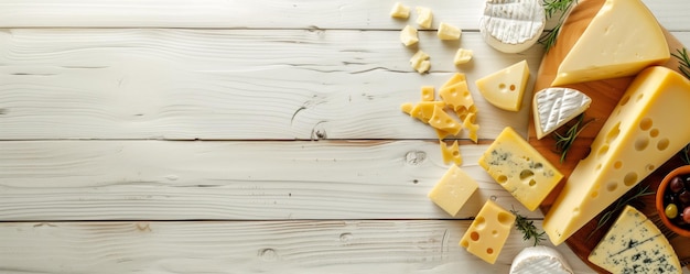 Разнообразный выбор сыра на деревенском белом деревянном столе, включая клины и колеса швейцарского бри и синего сыра с акцентами розмарина
