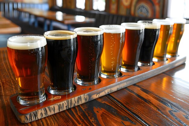 Diverse Selection of Craft Beers on Rustic Wooden Table in Cozy Pub or Brewery Setting