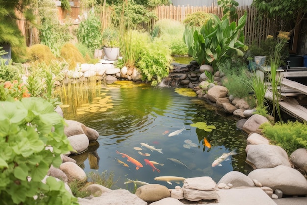 Diverse selection of fish and plants in a backyard pond