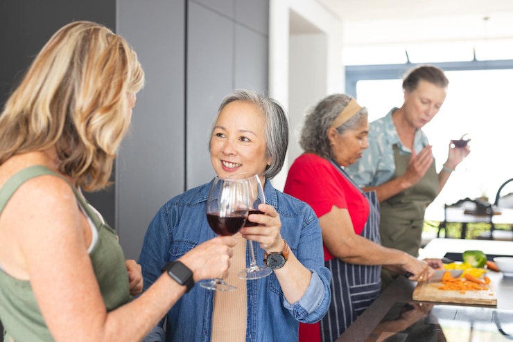 Diverse senior female friends gathering in kitchen at home chatting and cooking