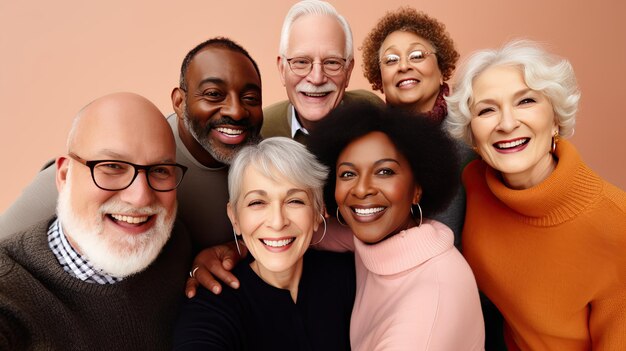 Photo diverse senior friends posing over pink background