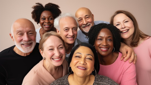 Photo diverse senior friends posing over pink background