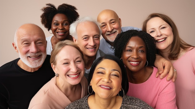 Diverse senior friends posing over pink background