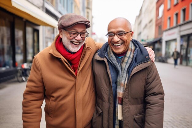 Photo diverse senior gay pair embracing urban adventures