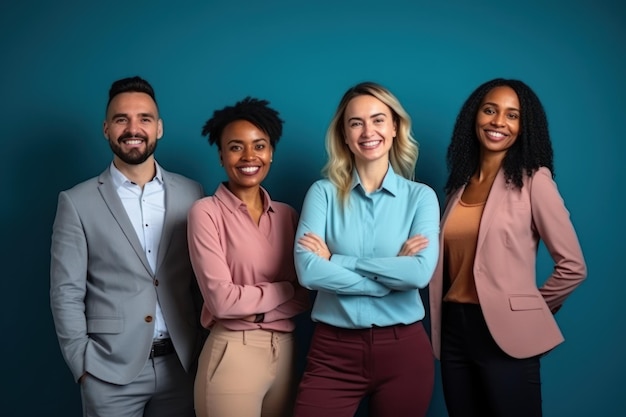 Photo diverse smiling office workers team office style colorful office background