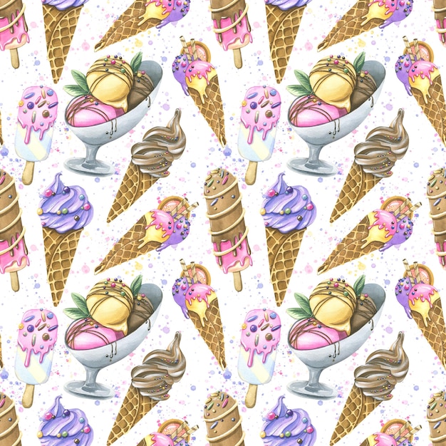 Diverse soorten ijs in wafelkegels ijslollyballen met suikerwerk hagelslag topping Aquarel illustratie Naadloos patroon uit de ICE CREAM collectie Voor het ontwerpen en ontwerpen van menu's