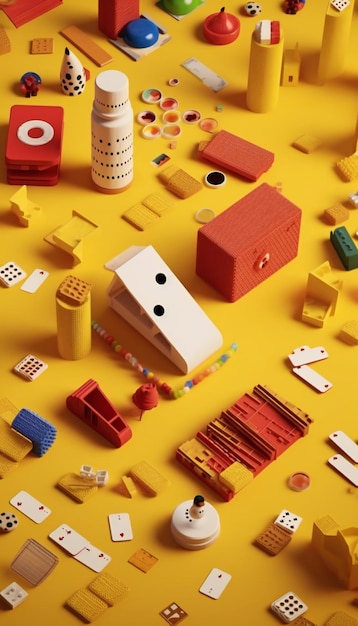 Diverse speelgoed- en bordspellen gerangschikt op gele verticale oriëntatie