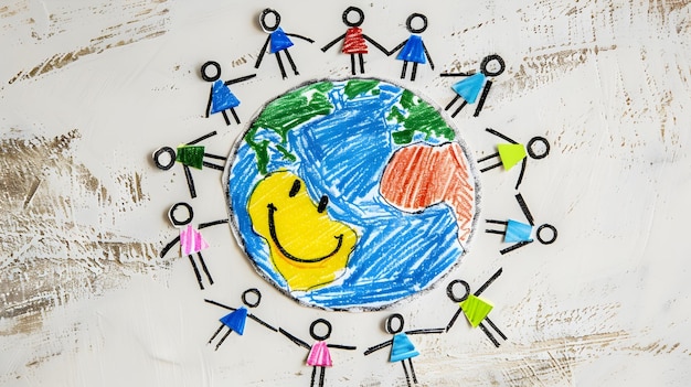 Photo diverse stickfigure people holding hands around a smiling earthrepresenting global unity and care