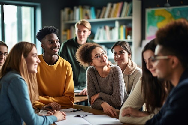 Photo diverse students engaged in dynamic classroom discussion