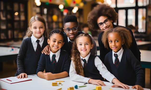 Diverse students wearing uniforms in school