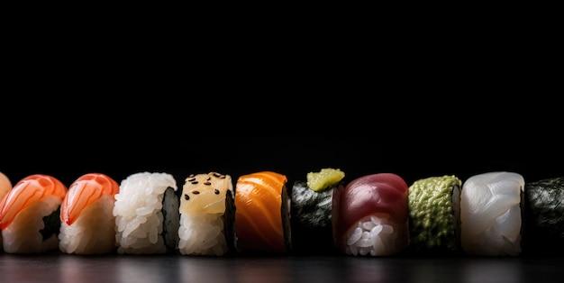 Diverse sushi op een rij zwarte achtergrond aziatische keuken assortiment menu ai gegenereerd