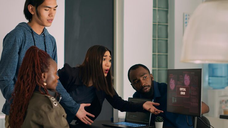 Photo diverse team of coders dealing with security breach alert on computer, trying to solve hacking and critical error. engineers using terminal window and having system hacked crash.
