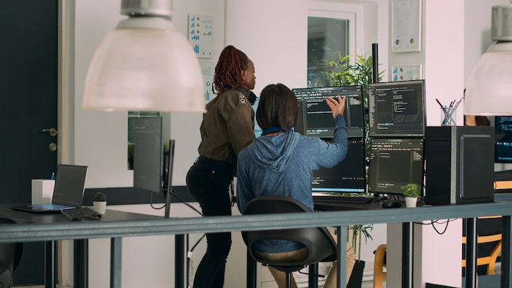 Photo diverse team of database admins analyzing source code and comparing data script in busy agency room. cloud programers working on system interface algorithm in development office.