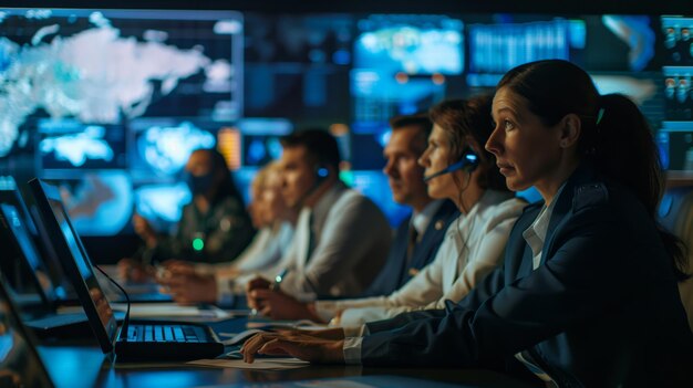 Foto diversi team di gestori di emergenza lavorano insieme sull'ai generativa per portatili