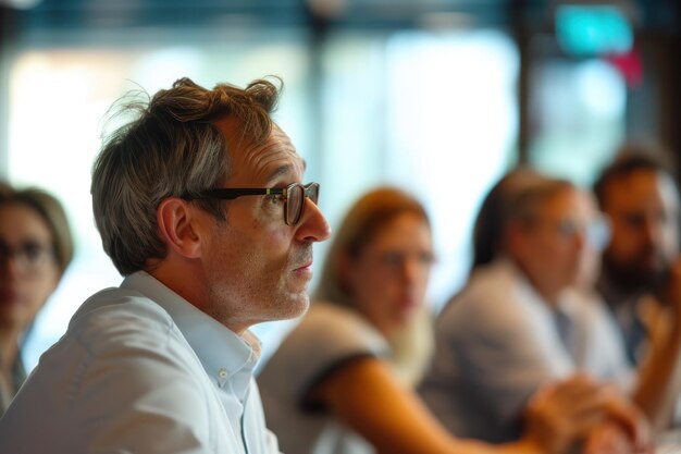 Photo diverse team having a dynamic and engaged discussion in a large modern conference room