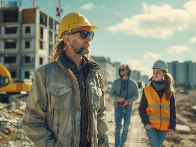 Photo diverse team of male and female walking in the construction site