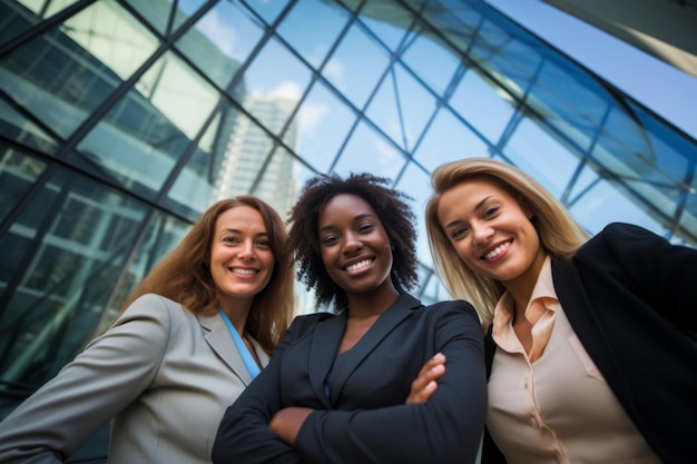 Photo diverse team posing in front of office building company advertising ad marketing hr employees