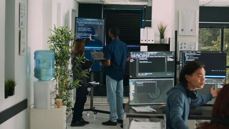 Photo diverse team of system developers analyzing code on big tv screen, checking errors in artificial intelligence project. programmers working on machine learning software, developing new interface.