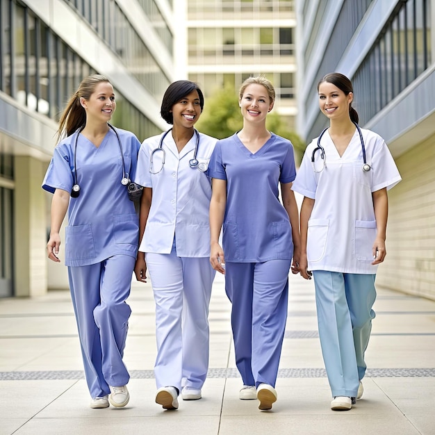 Foto diverse team van vier medische studenten jonge vrouwen in scrubs lopen samen op een universitair ziekenhuis