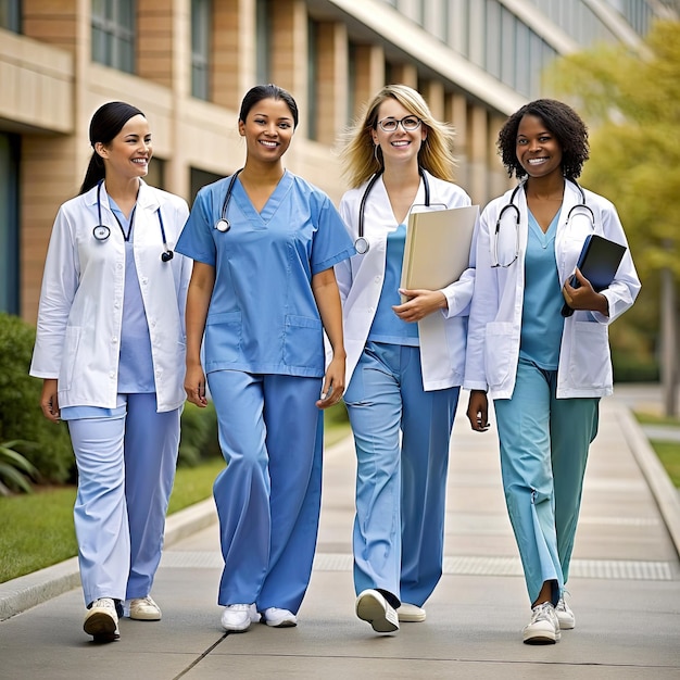 Foto diverse team van vier medische studenten jonge vrouwen in scrubs lopen samen op een universitair ziekenhuis