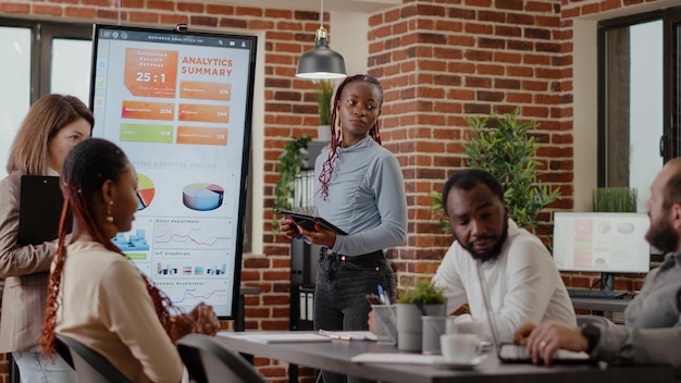 Diverse team of women doing business presentation with charts on display. People discussing marketing strategy and project planning with workmates in boardroom. Briefing company meeting