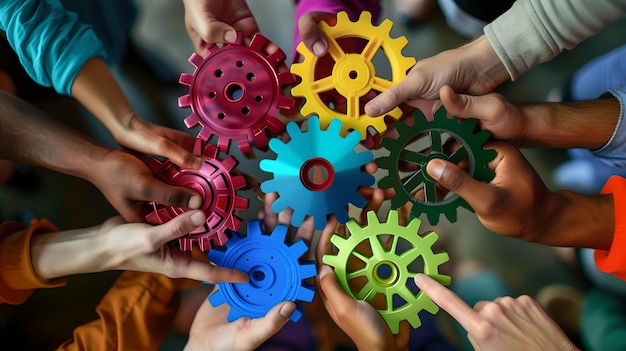 Diverse teamcollaboratie handen verbinden kleurrijke tandwielen concept van teamwerk eenheid en innovatie teambuilding activiteit ai