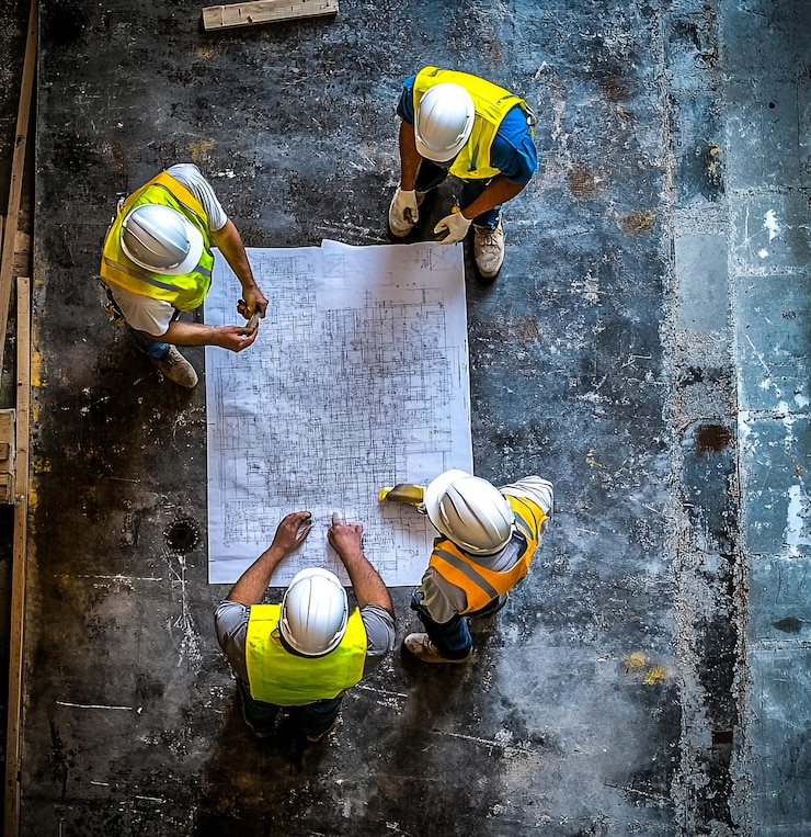 Foto diverse teams van ingenieurs en bouwvakkers werken samen aan projectplannen op een industriële locatie