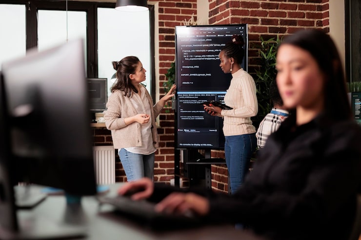 Photo diverse tech enginners talking about algorithms standing in front of big screen, analyzing html script language. team of software developers discussing database on terminal window in it agency