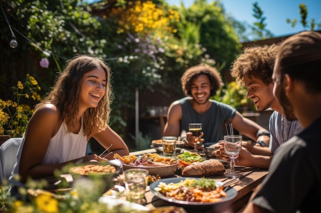 Diverse tieners en vrienden hebben een picknick-barbecuegrill in de tuin Generatieve AI