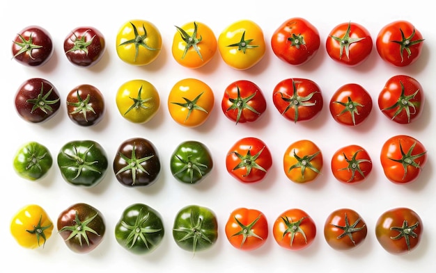 白い背景のトマトの多様なタイプ 白い背景でトマト変種の配列