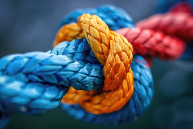 Diverse touwen die met elkaar verbonden zijn als een symbool voor samenwerking en werkende samenwerking.